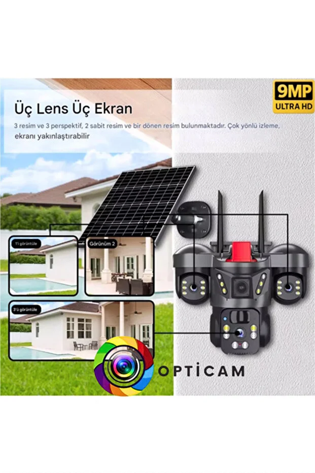 WİFİ Güneş Enerjili 3+3+3 MP Solar Güvenlik Kamerası,360 Derece Açı ,Güçlü Batarya